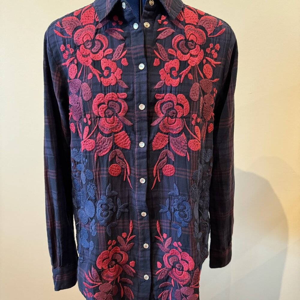 Johnny Was Embroidered Pearl Snap Button-Down